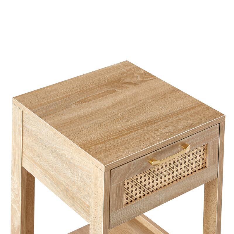 Modern Rattan Nightstand Small Side Table with Drawer for Bedroom or Living Room