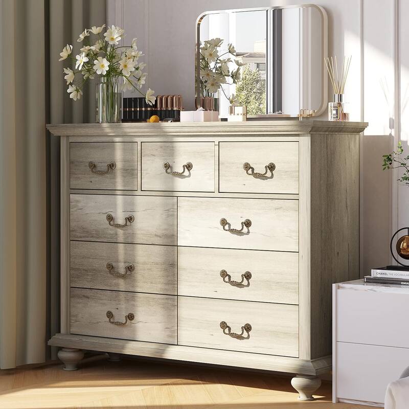 9 Drawer Dresser for Bedroom, Farmhouse Wooden Chest of Drawer, Storage Organizer - Grey