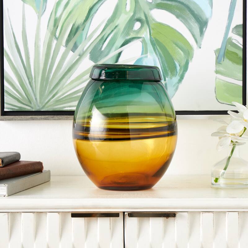 Green Glass Handmade Ombre Vase with Yellow Base