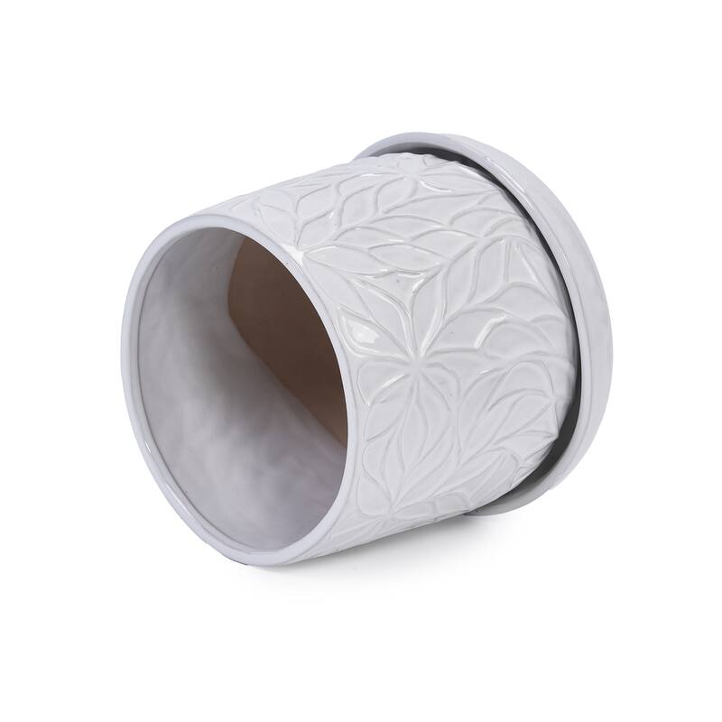 Set of 2 Handmade Modern Embossed Leaf Ceramic Planters with Saucers