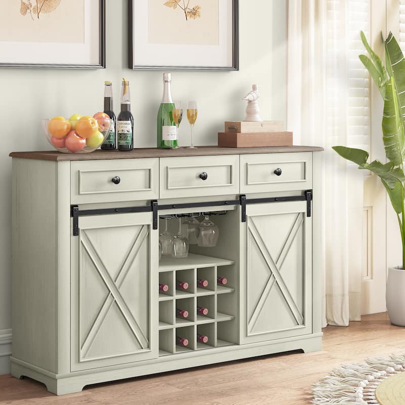 54" Farm Style Wood Buffet Bar Cabinet w/Wine & Glass Rack