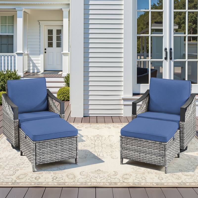 Pocassy 4-Piece Outdoor Patio Swivel Glider Chairs with Ottoman - Gray Wicker Blue Cushion - 4-Piece Swivel Chair with Ottoman