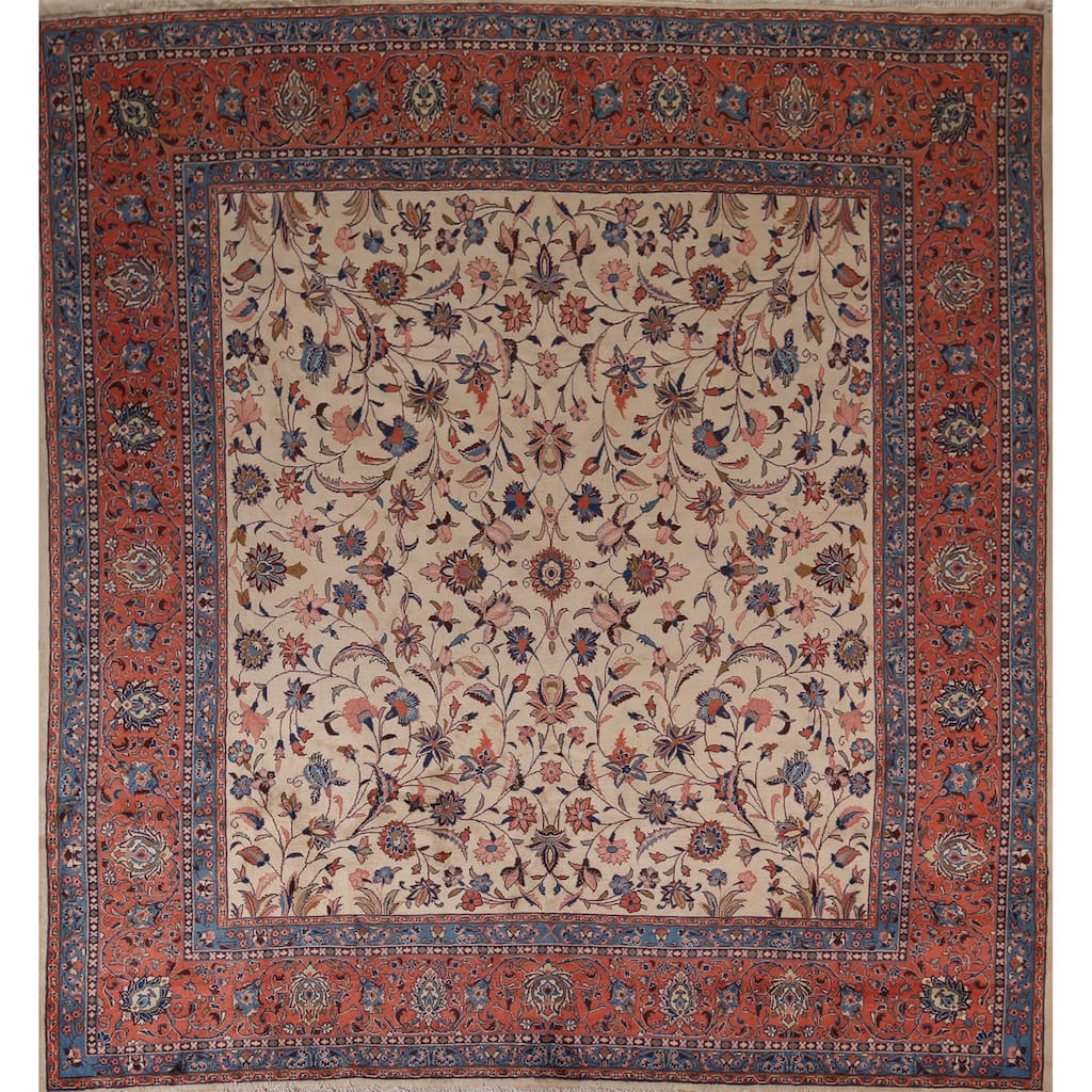 Floral Sarouk Oriental Vintage Square Rug Handmade Wool Carpet - 10'4" x 10'3"