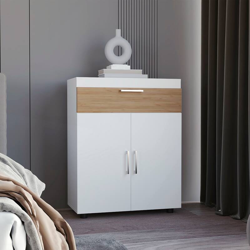 Freestanding Footwear Storage Cabinet with Double Doors and Interior Shelves - White