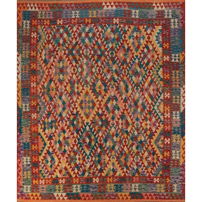 Geometric Kilim Oriental Rug Hand-Woven Multi-Color Wool Carpet - 8'5"x 9'9"