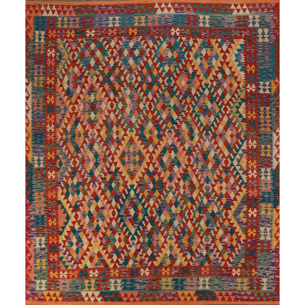 Geometric Kilim Oriental Rug Hand-Woven Multi-Color Wool Carpet - 8'5"x 9'9"