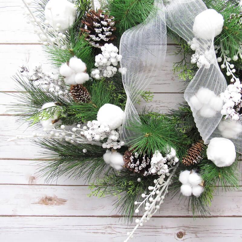 Artificial Frosty Cotton Berry Pine Cone & Pine Christmas Wreath 24in - 24" L x 24" W x 6" DP