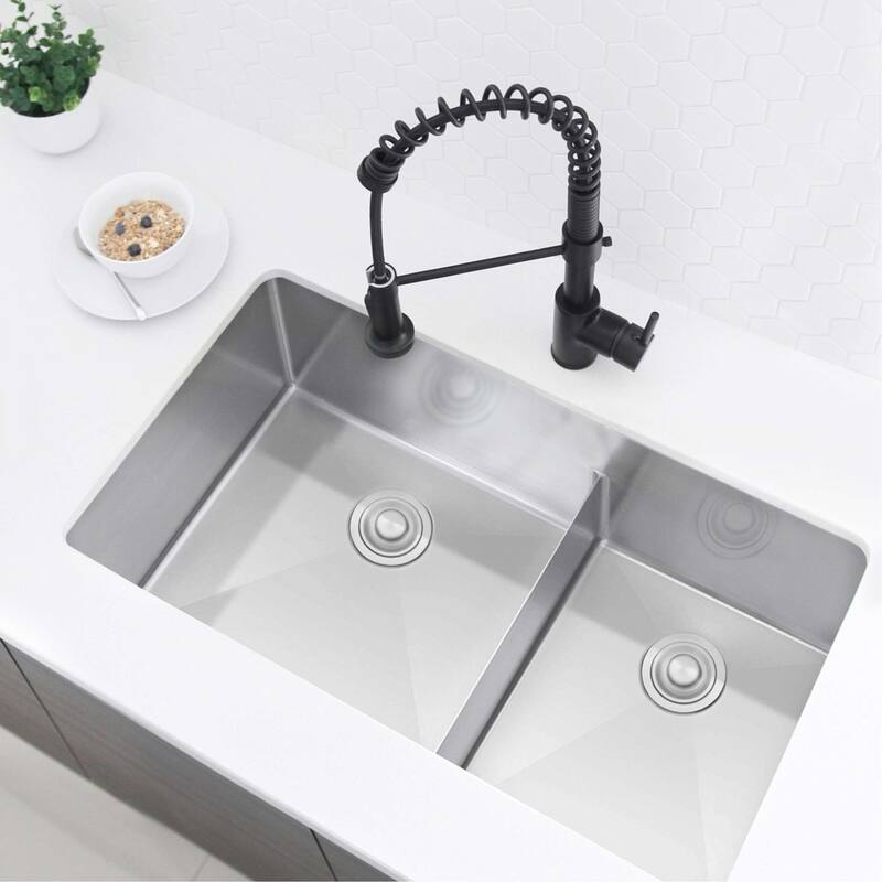 STYLISH 32 L inches x 18 W inches Stainless Steel Double Basin Low Divider Undermount Kitchen Sink with Grids and Strainers - Brushed Stainless Steel