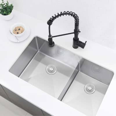 STYLISH 32 inch Low Divider 60/40 Double Bowl Undermount Kitchen Sink - 32" x 18" x 10"