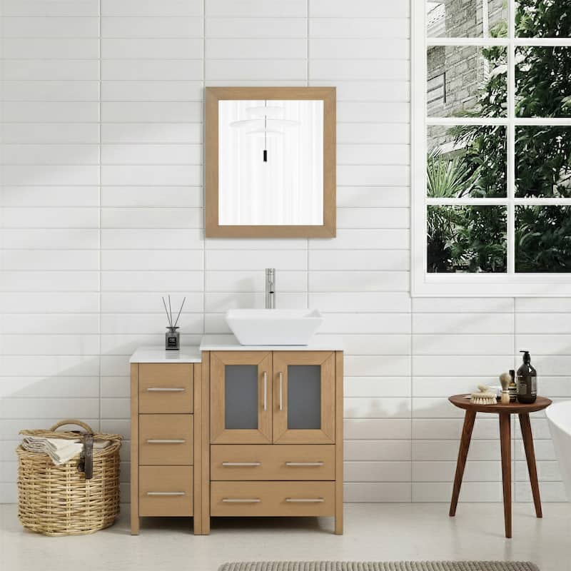 Vanity Art 36" Single Sink Bathroom Vanity Set with Engineered Marble Top and Free Mirror - 36 W X 18.5 D X 31.1 H - Natural Oak