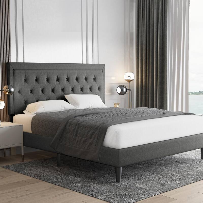 Queen Size Button Tufted Platform Bed Frame/Fabric Upholstered Bed Frame with Headboard/Wood Slat Support/Mattress Foundation - Dark Grey