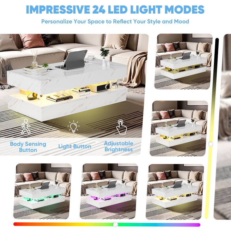 Pocassy Double-Layer Center Tables with LED Light 47.2 Inch
