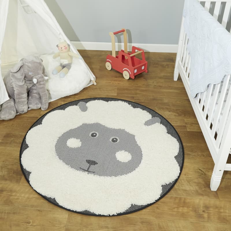 Mod-Tod Sheep Kids Animal Area Rug - 3'11" Round - Charcoal