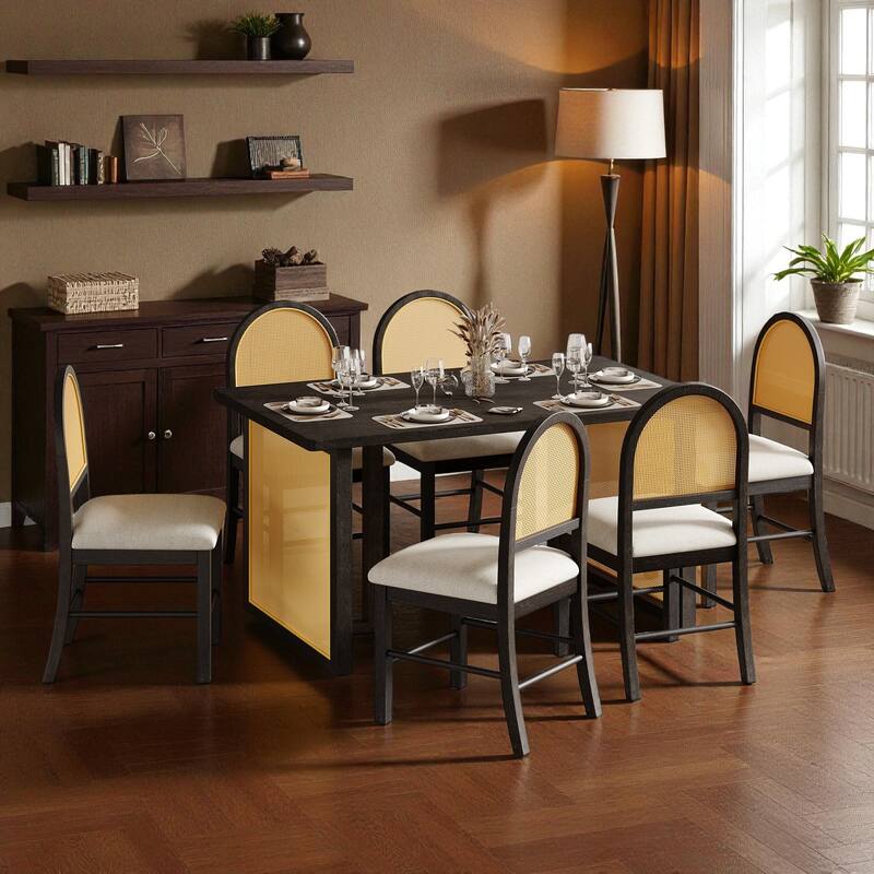 7-Piece Farmhouse Dining Set, 59.8" Distressed Oak Veneer Table with 6 Rattan Chairs, Rustic Dining Room Furniture
