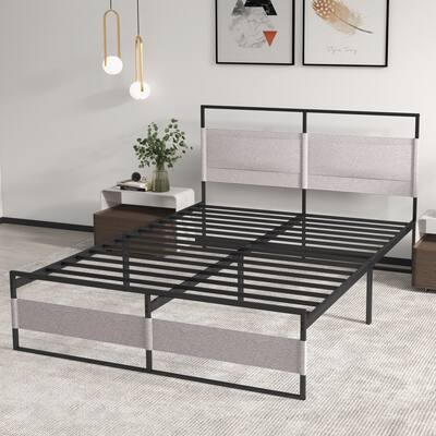Full Size Bed Frame,Modern Metal Platform Bed Frame with Headboard and Storage Pocket