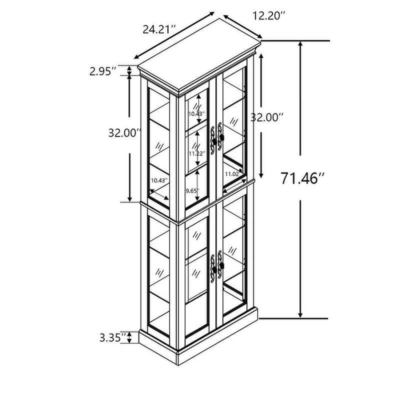 Lighted Curio Display Cabinet, Floor Standing Wooden China Cabinet with Mirrored Back Pane, 4 Glass Doors & Adjustable Shelves