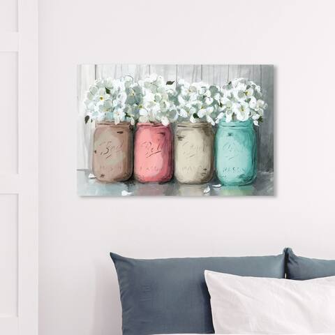 Wynwood Studio 'Mason Jar Turquoise' Floral and Botanical Wall Art Canvas Print Florals - White, Pink