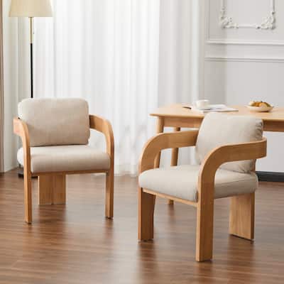 2-Pack Dining Chairs with Pillow Back, Beige Fabric, Natural Color Solid Wood Frame