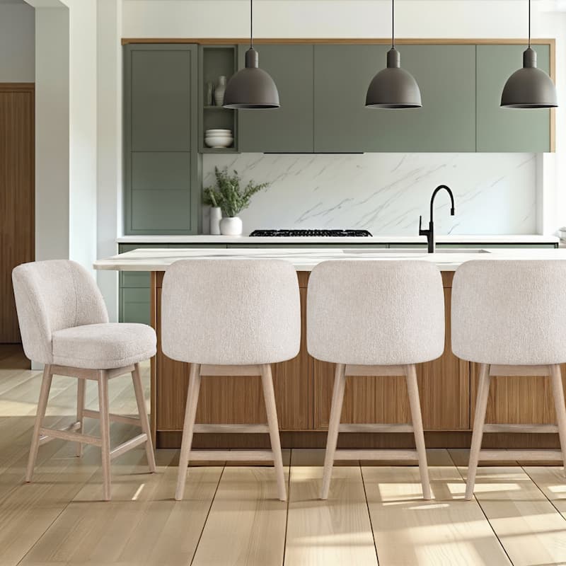 Sadie Modern Swivel Bar Stool, Upholstered Counter Height Chair with Solid Wood Frame - Set of 4 - Washed Wood & Ancient Stone - Counter Height