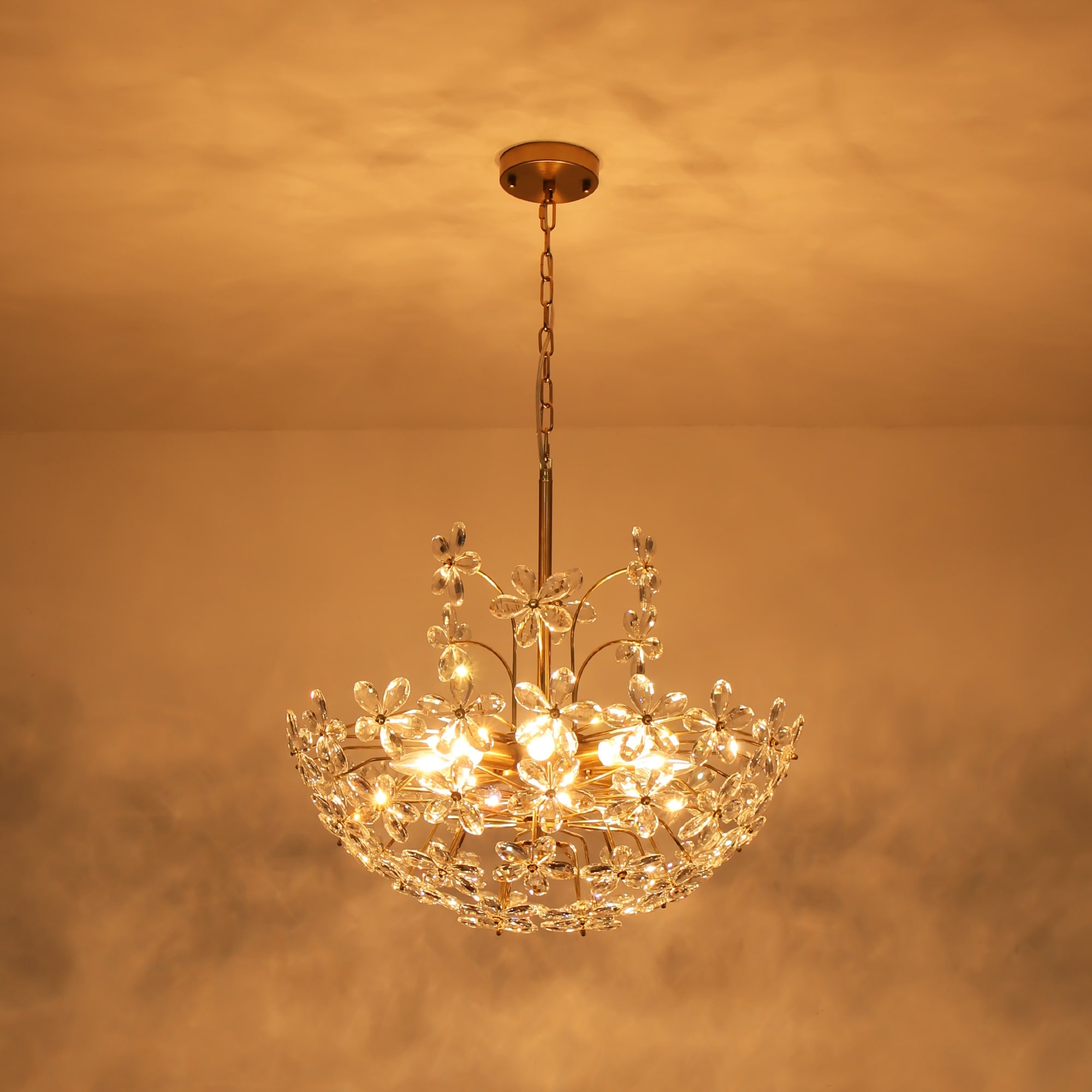 Rennnsan 8-Light Brass Crystal Floral Basket Chandelier with Daisy