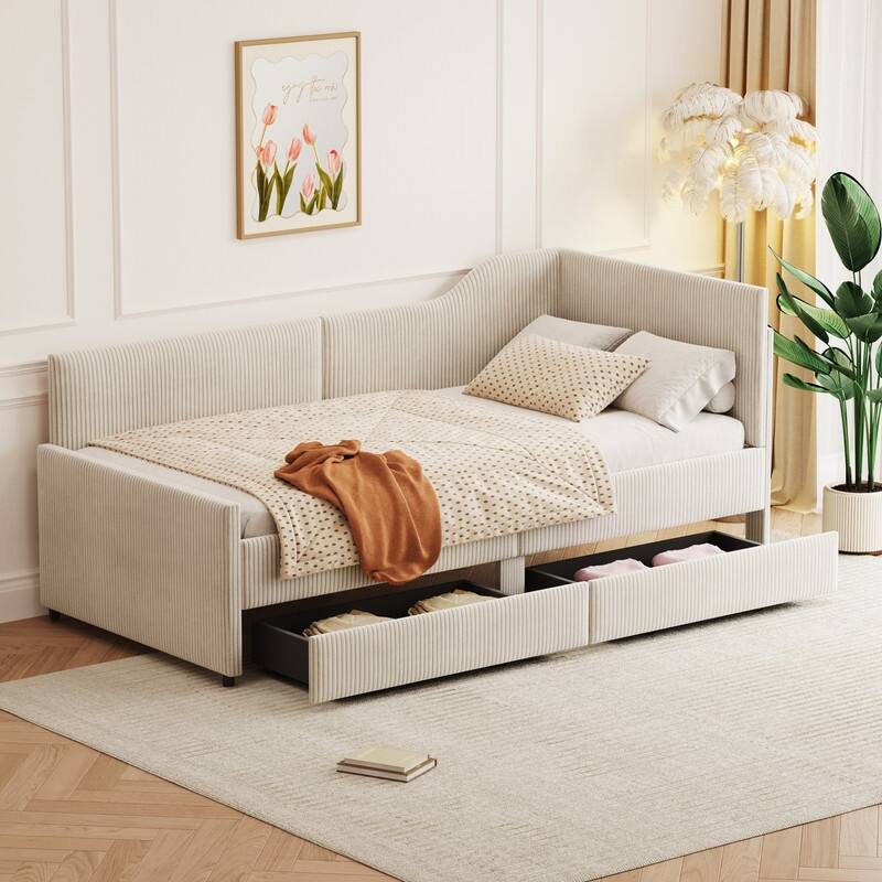 Twin Size L-Shaped Corduroy Daybed with 2 Storage Drawers