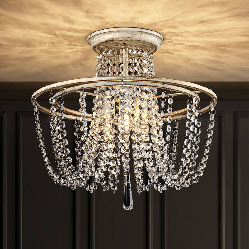 3-Light 17.32" Vintage Antique White Circle Round Crystal Semi-Flush Mount Light - 17.32 in. W x 16.14 in. H - 17.32 in. W x 16.14 in. H - Antique White