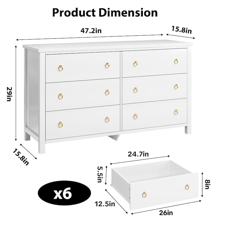 6 Dresser for Bedroom, Drawer Dresser with Storage Freestanding, Wooden Closet Storage Chest for Living Room