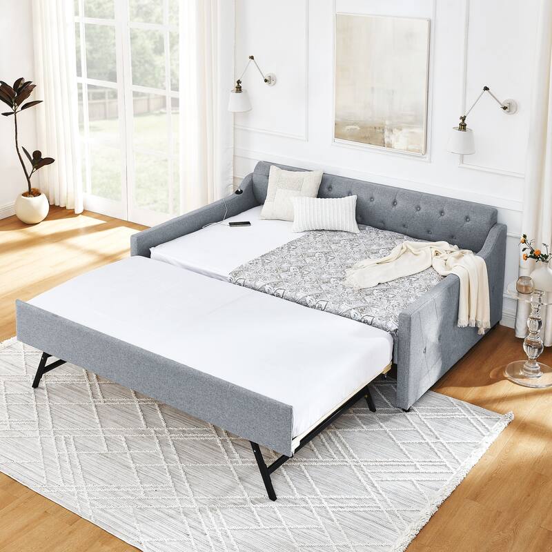 Upholstery Daybed with Erectable Trundle & USB Design