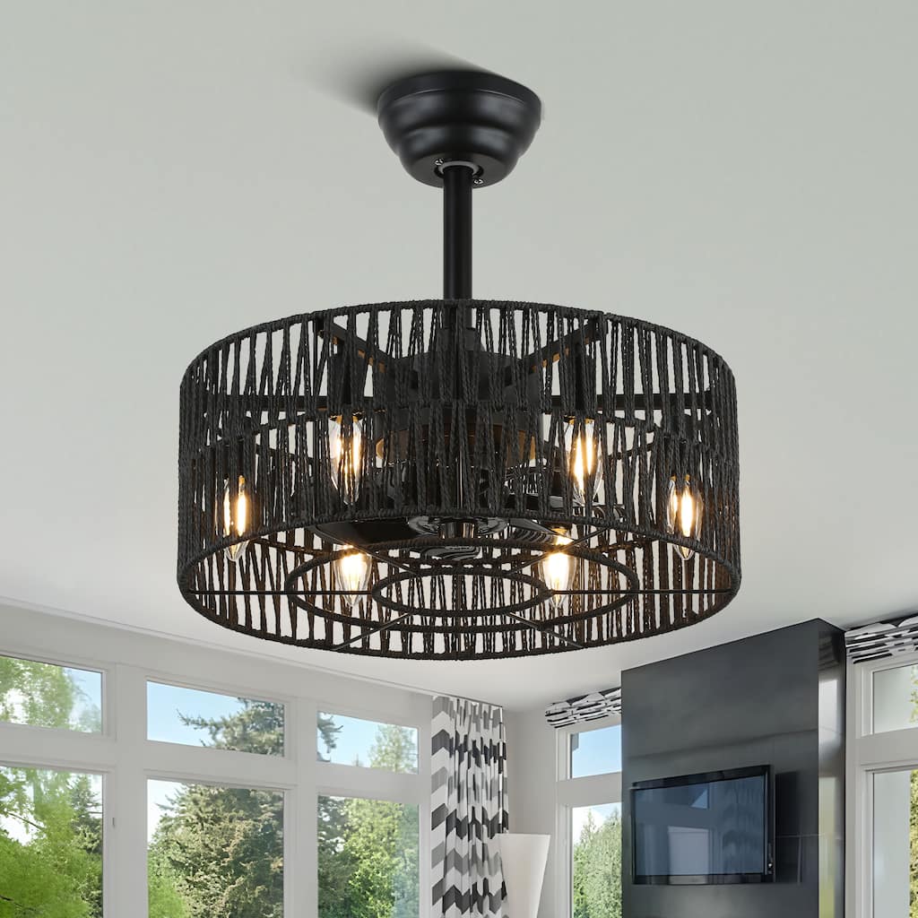 Chichoice 4 Lights 18" Boho Rattan Caged Ceiling Fan with Remote, Rustic Fan Light for Bedroom - 18.1"*18.1"