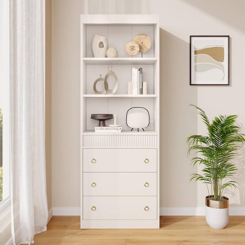 6 Tier Fluted Bookshelf Storage Drawers Bookcase for Living Room, Office, Bedroom