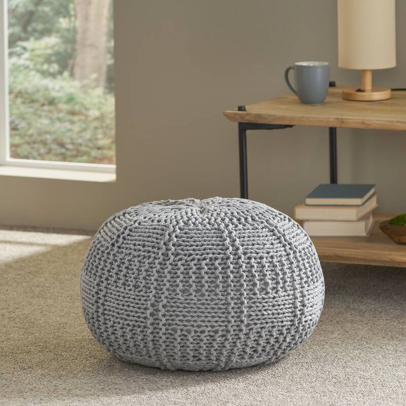 Hortense Indoor Cotton Knitted Round Pouf by Christopher Knight Home - Gray