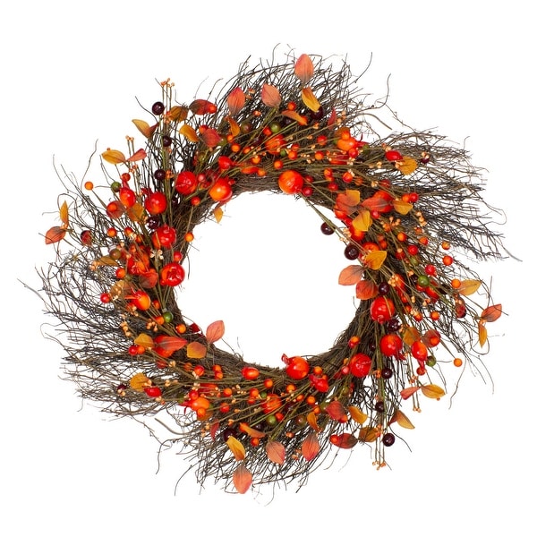 Leaves Berries Artificial Fall Harvest Twig Wreath - 24 inch, Unlit. Opens flyout.