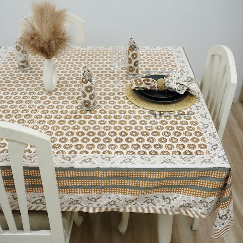 Fabdivine Handmade Block Print Cotton Table Cover Farmhouse Dining Kitchen Decor Gift