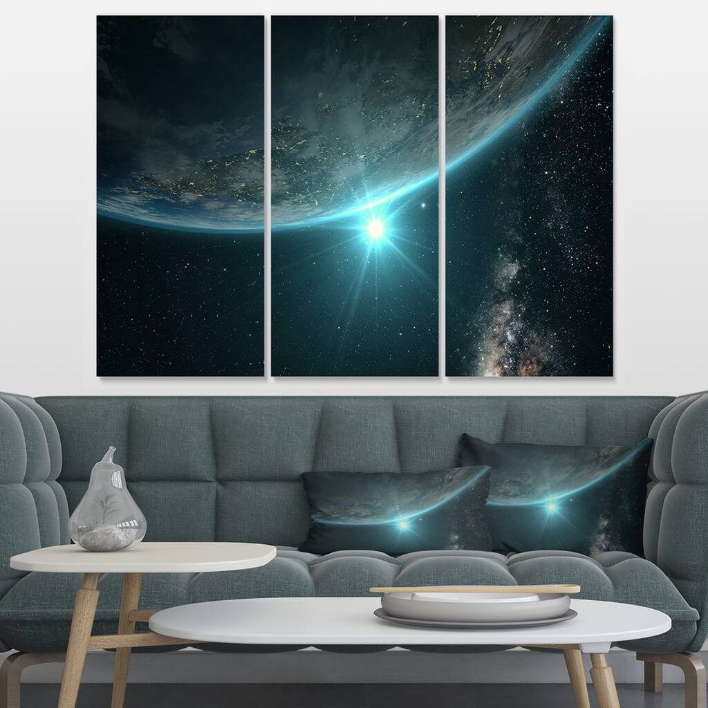 Designart "Sunrise in Earth from Space" Contemporary Landscape Canvas Art - 36x28 - 3 Panels