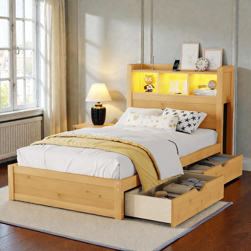 Wood Bed with Storage Headboard, Drawers and Pull Out Cabinet, Twin Full Bed with LED Light and Socket
