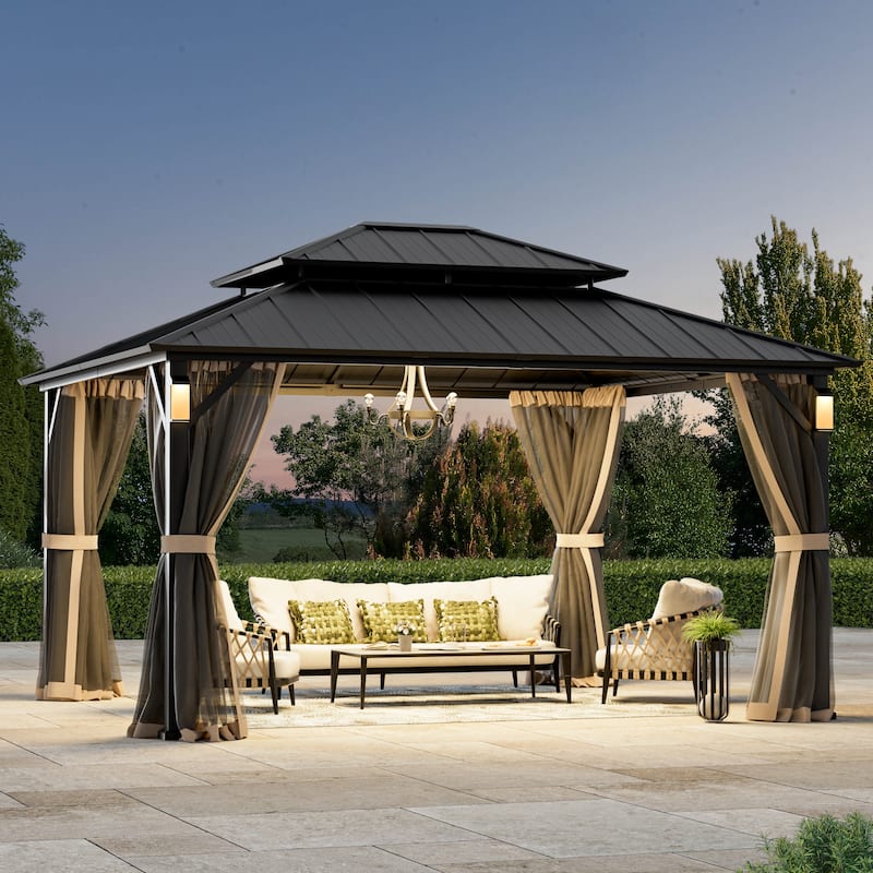Permanent Hardtop Gazebo 12' x 14' wiith 4 LED Lights, with Galvanized Steel Double Roof, Mosquito Nettings, Black