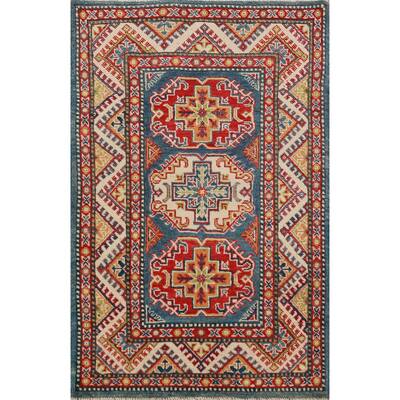 Blue Geometric Kazak Foyer Rug Traditional Handmade Wool Carpet - 2'8"x 3'11"