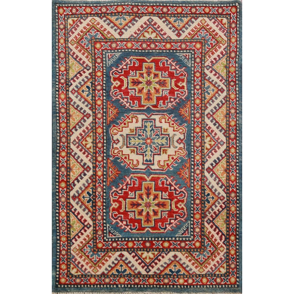 Blue Geometric Kazak Foyer Rug Traditional Handmade Wool Carpet - 2'8"x 3'11"