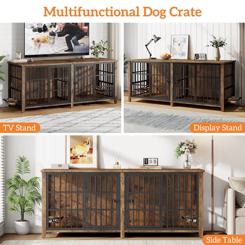 Large Dog Crate Furniture, 78"L Wooden Dog Crate Kennel with Removable Divider