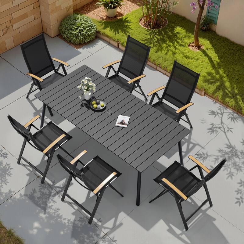 7-Piece Outdoor Patio Dining Set WPC Table Top Alumium Umbrella Hole Table with Folding Teak Armrest Chairs