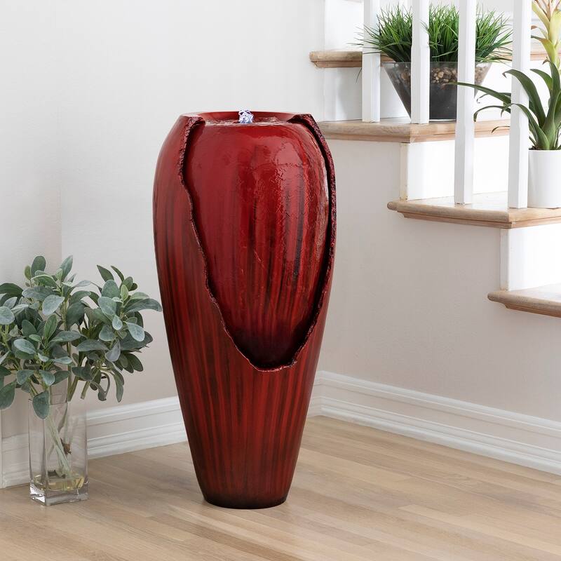 Alpine Corporation 33" Tall Ceramic Jar Fountain with LED Light - Red