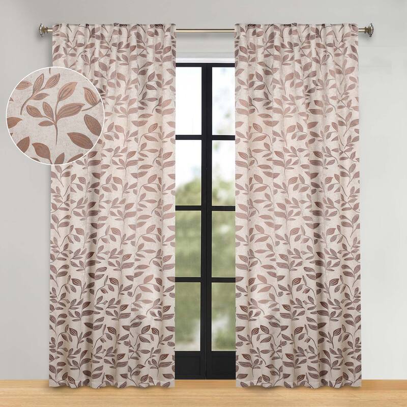 Superior Leaves Machine Washable Room Darkening Curtains with Back Tabs, Set of 2 - 52" x 108" - White/Copper