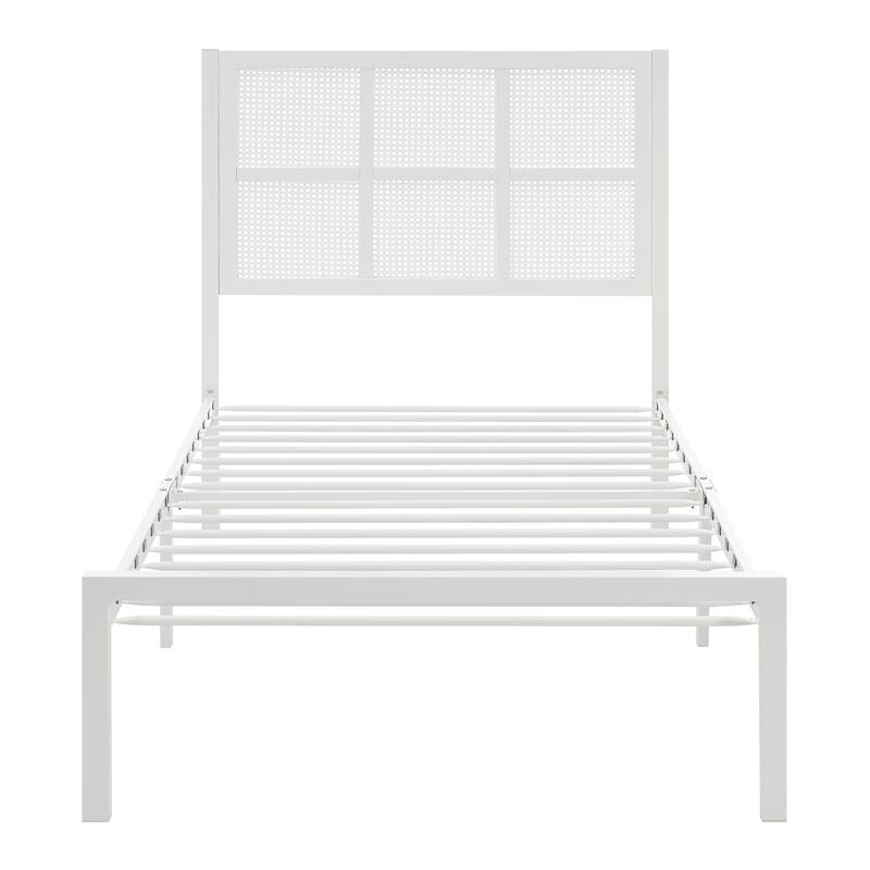 Twin Platform Bed with Faux Cane Headboard, White Metal Frame, No Box Spring Needed, Coastal Style Bedroom Furniture