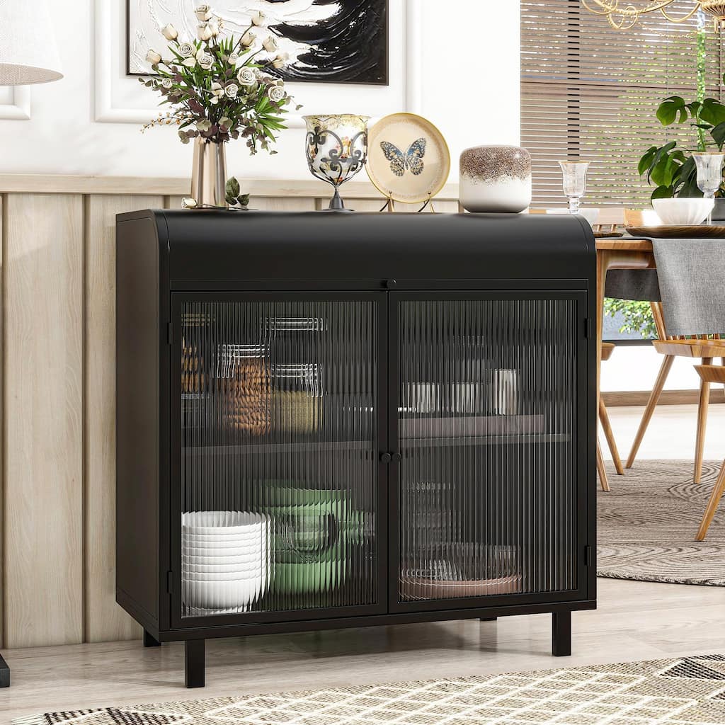 Industrial Glass Storage Cabinet - 2-Tier Shelves, Flip-Top Compartment