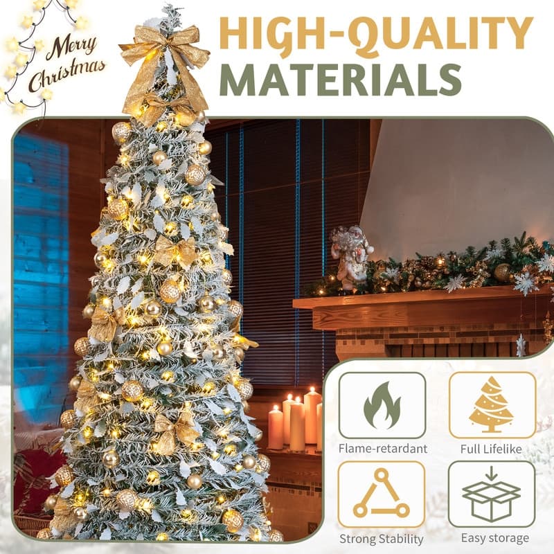 7 FT Snow Flocked Pre-lit Artificial Pop Up Christmas Tree with Golden Ornaments for Home Office Store Holiday Deco, Snowy Green
