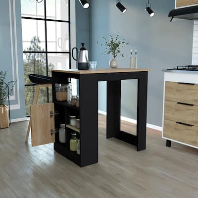 Kitchen Island 36" H, Three Open Side Storage Shelves and One Push-to-Open Cabinet, Black / Natural Oak