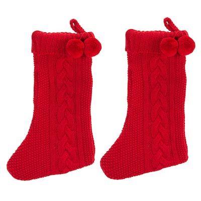 SAFAVIEH Holiday Bernardita Nutmeg Hanging Knit Pom-Pom Stocking (Set of 2) - 11" W x 19" L - 11Wx19D