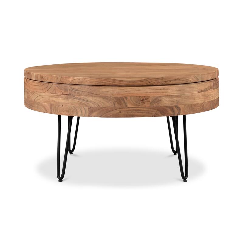 NADAAL STUDIOS Tarian Coffee Table, Round Solid Acacia Wood with Iron Hairpin Legs and Hidden Storage, Natural Finish - Wood - Natural