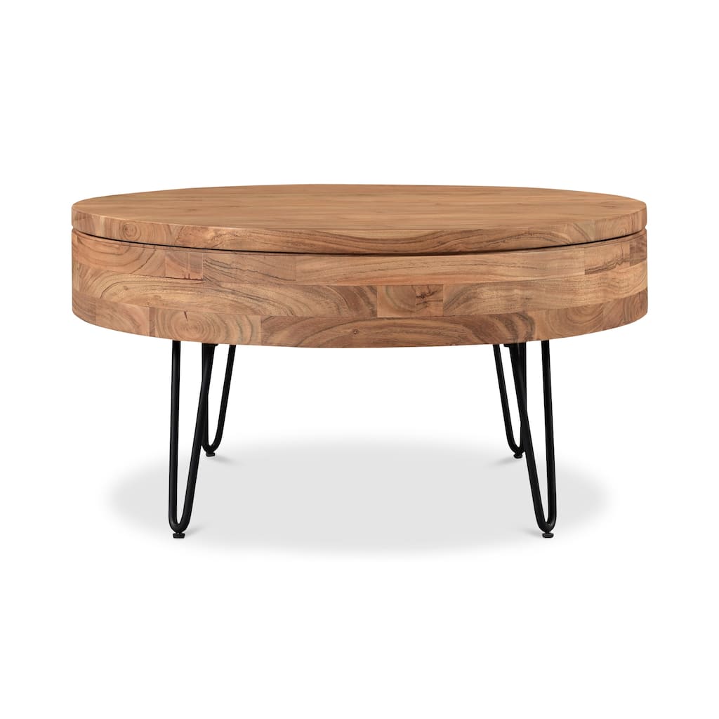 NADAAL STUDIOS Tarian Coffee Table, Round Solid Acacia Wood with Iron Hairpin Legs and Hidden Storage, Natural Finish