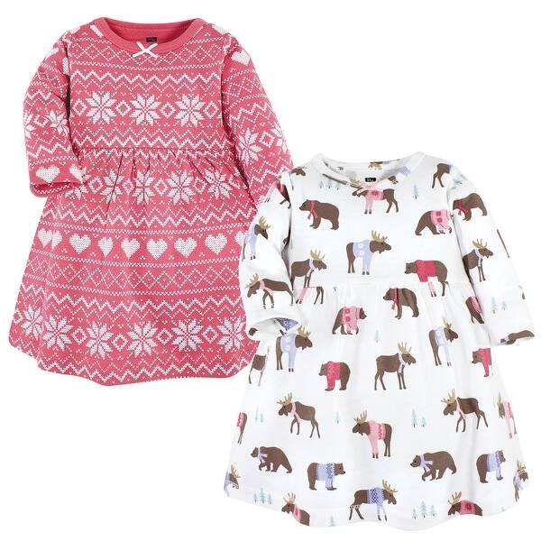 slide 1 of 1, Hudson Baby Infant and Baby Girl Cotton Dresses, Pink Moose Bear 0-3 Months - Pink Moose Bear